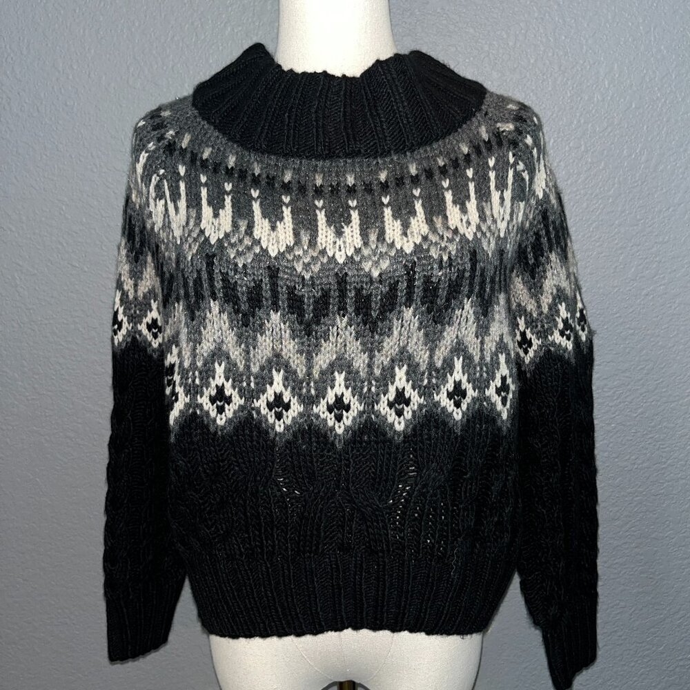 Anthropologie JOHN + JENN WES FAIR ISLE Black Gray & Cream Off-Shoulder Sweater